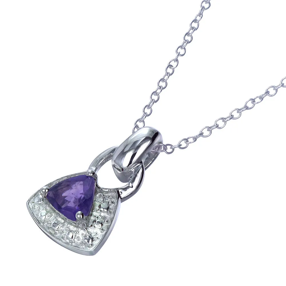 0.60 cttw Pendant Necklace, Purple Amethyst Trillion Shape Pendant Necklace for Women in .925 Sterling Silver with Rhodium, 18 Inch Chain, Prong Setting