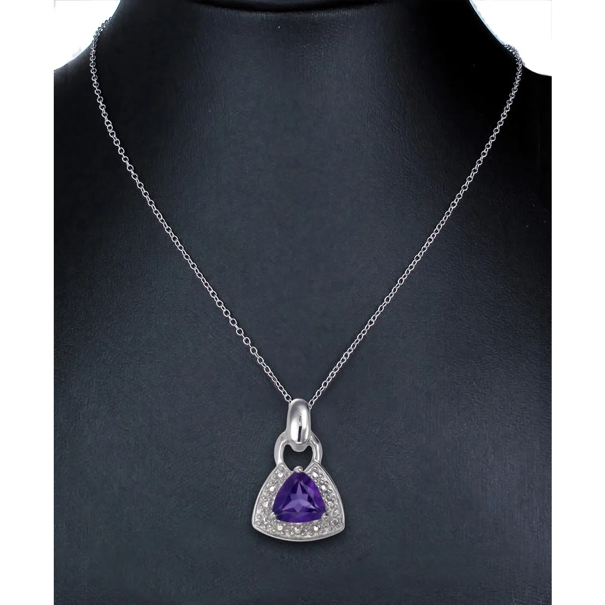 0.60 cttw Pendant Necklace, Purple Amethyst Trillion Shape Pendant Necklace for Women in .925 Sterling Silver with Rhodium, 18 Inch Chain, Prong Setting