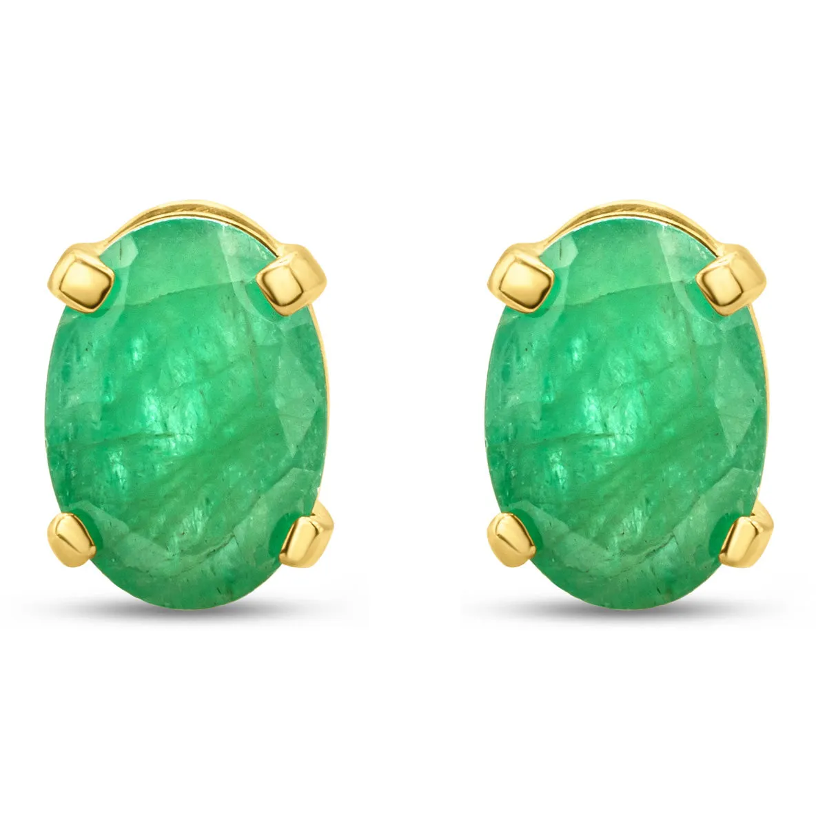 1 1/2 Carat Oval Shape Emerald Stud Earrings In 14K Yellow Gold