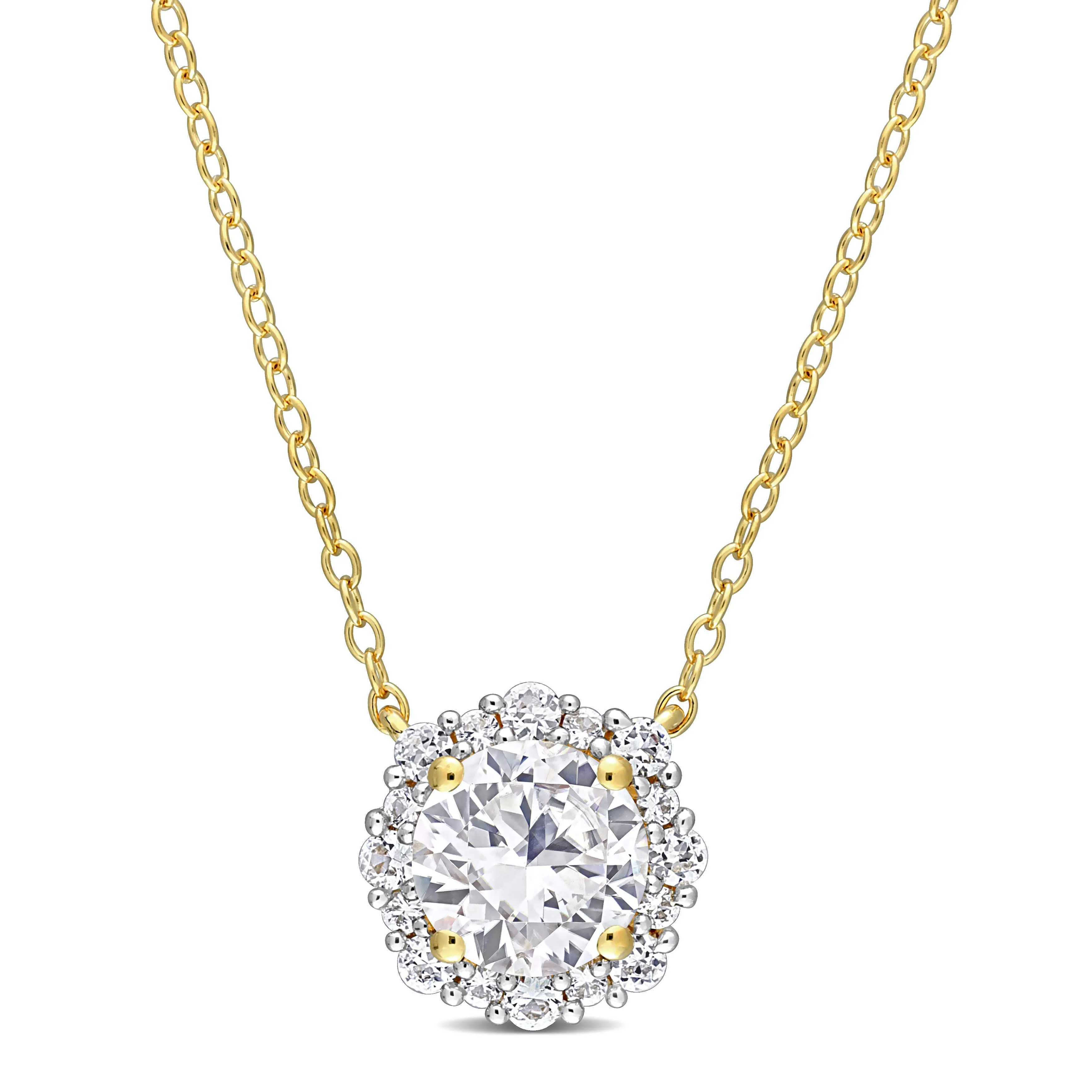 1 7/8 CT TGW Created White Sapphire Halo Necklace in Yellow Plated Sterling Silver