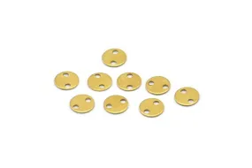 100 Raw Brass Round Tags, 2 Holes Connectors, Findings  (6mm) Brs80 A0252