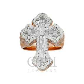 14K GOLD TWO TONE BAGUETTE AND ROUND DIAMOND CROSS RING 4.60 CT