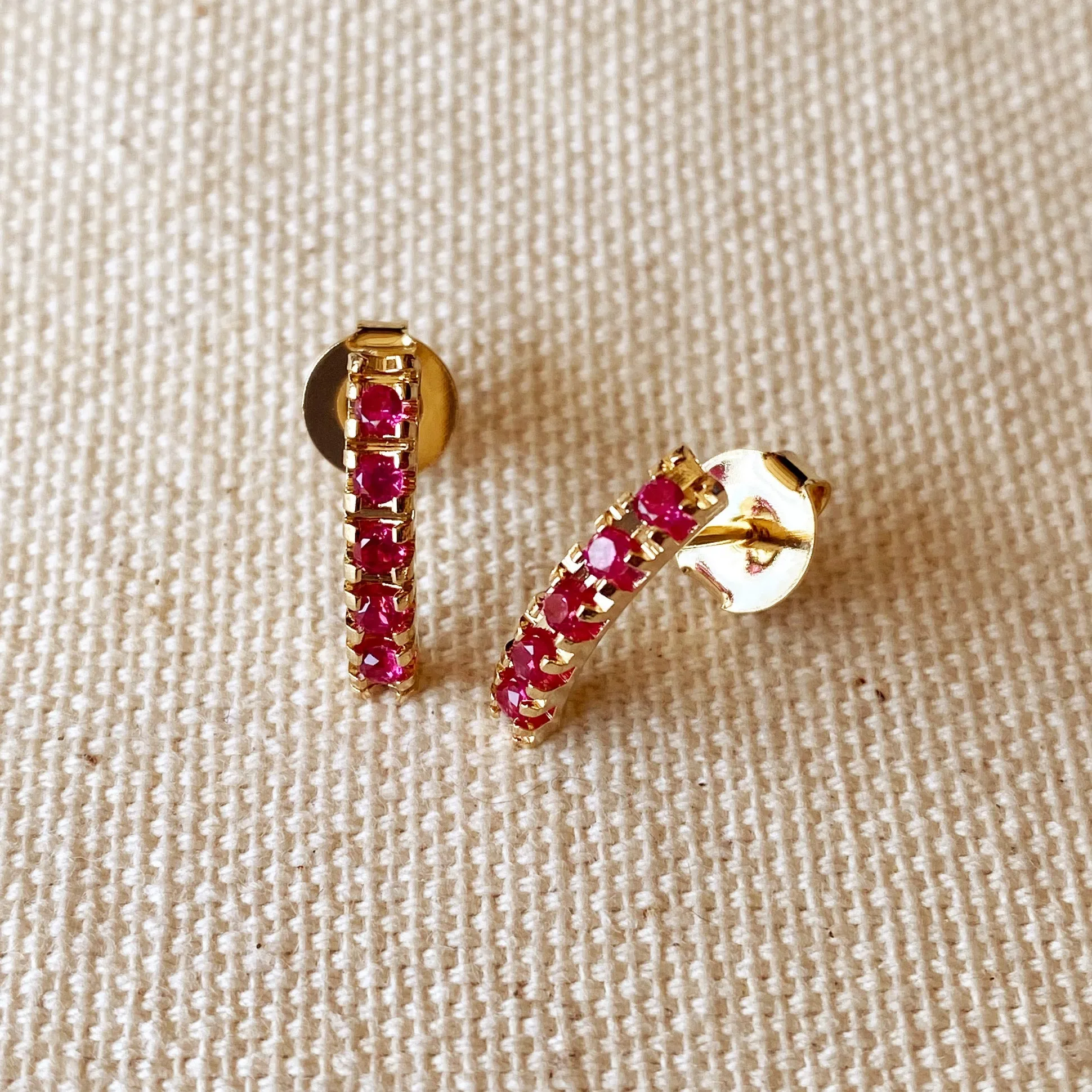 18k Gold Filled Curved Bar Fuchsia Crystal Stud Earrings