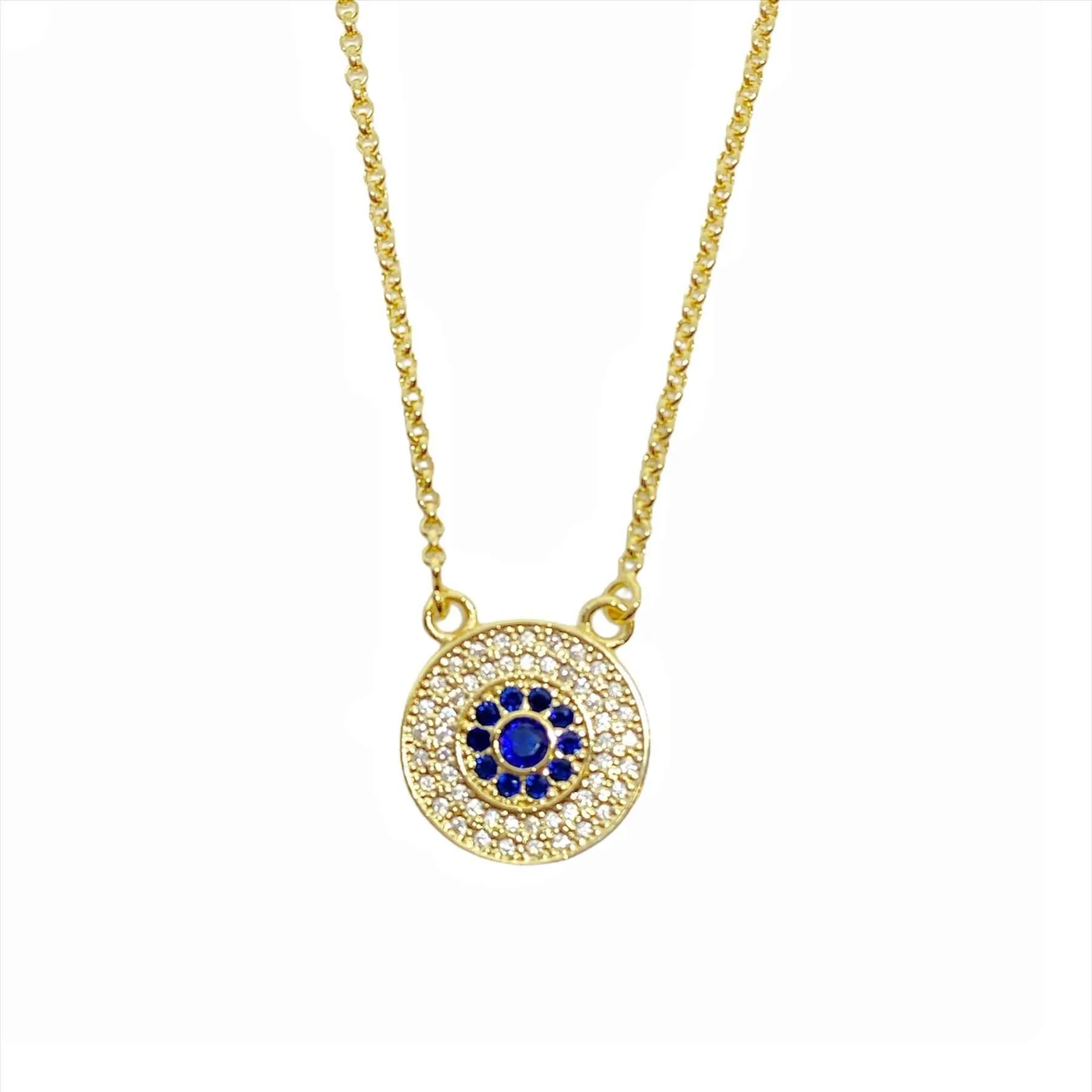 18k Gold Filled Round Evil Eye Necklace Featuring Detail In Cubic Zirconia