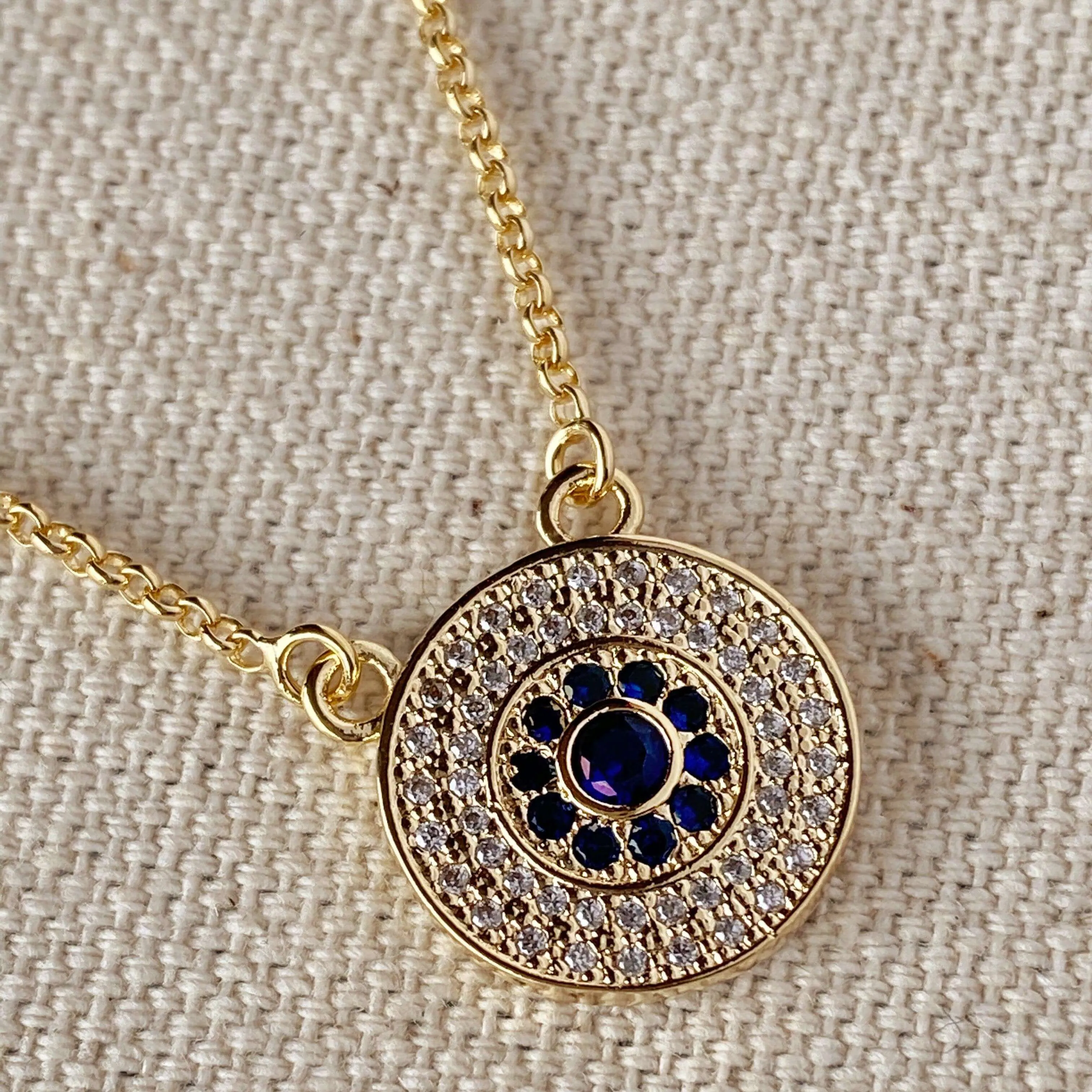 18k Gold Filled Round Evil Eye Necklace Featuring Detail In Cubic Zirconia