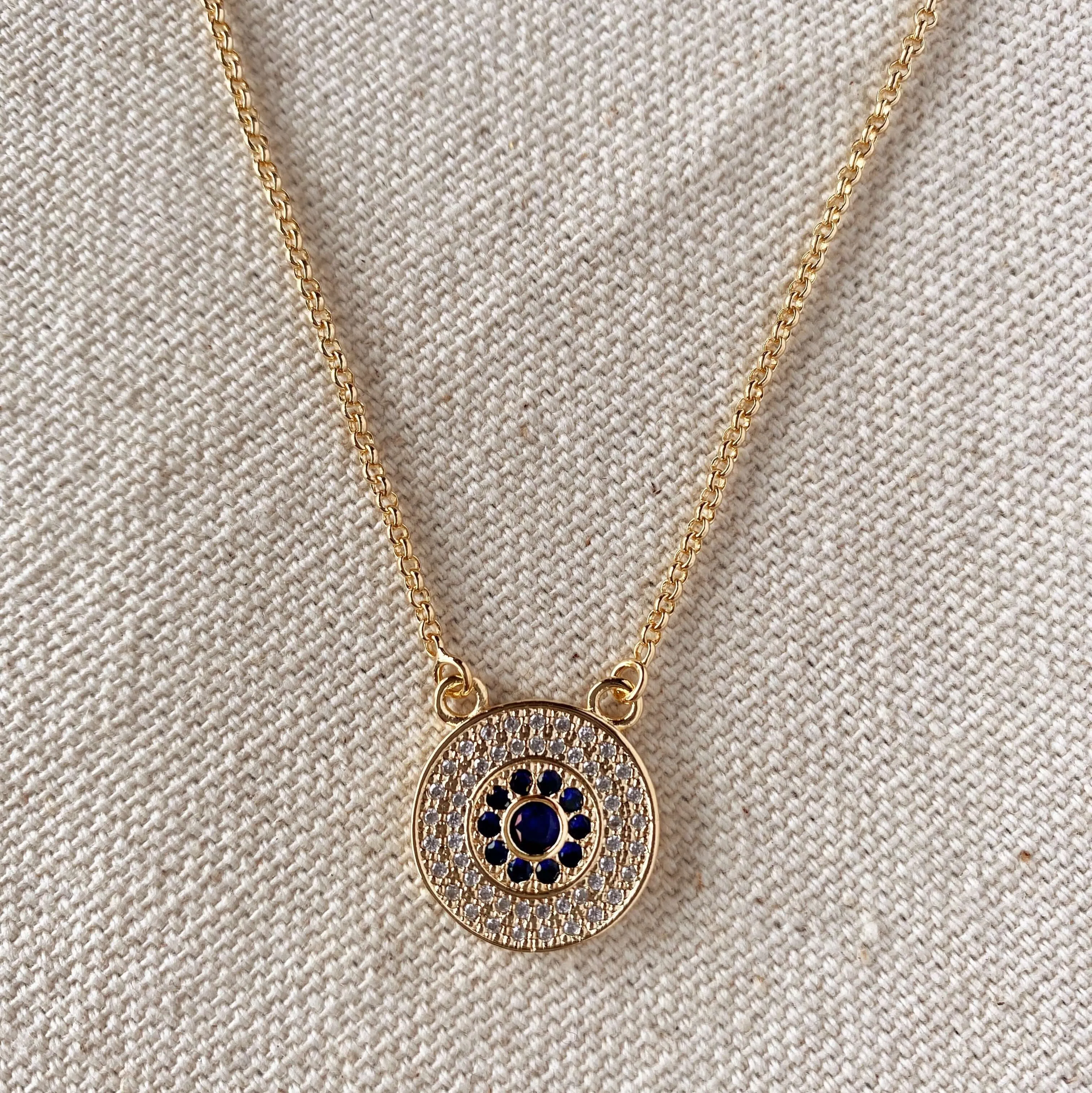 18k Gold Filled Round Evil Eye Necklace Featuring Detail In Cubic Zirconia