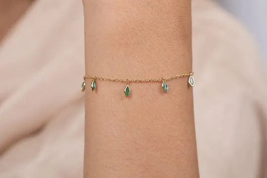 18K Gold Marquise Emerald Charm Bracelet