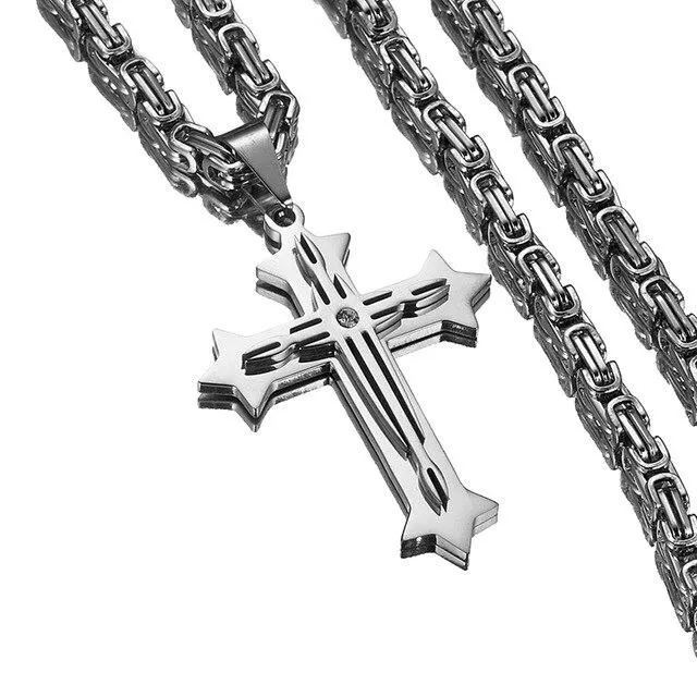 2 Layer Cross Pendant with Byzantine Chain Necklace