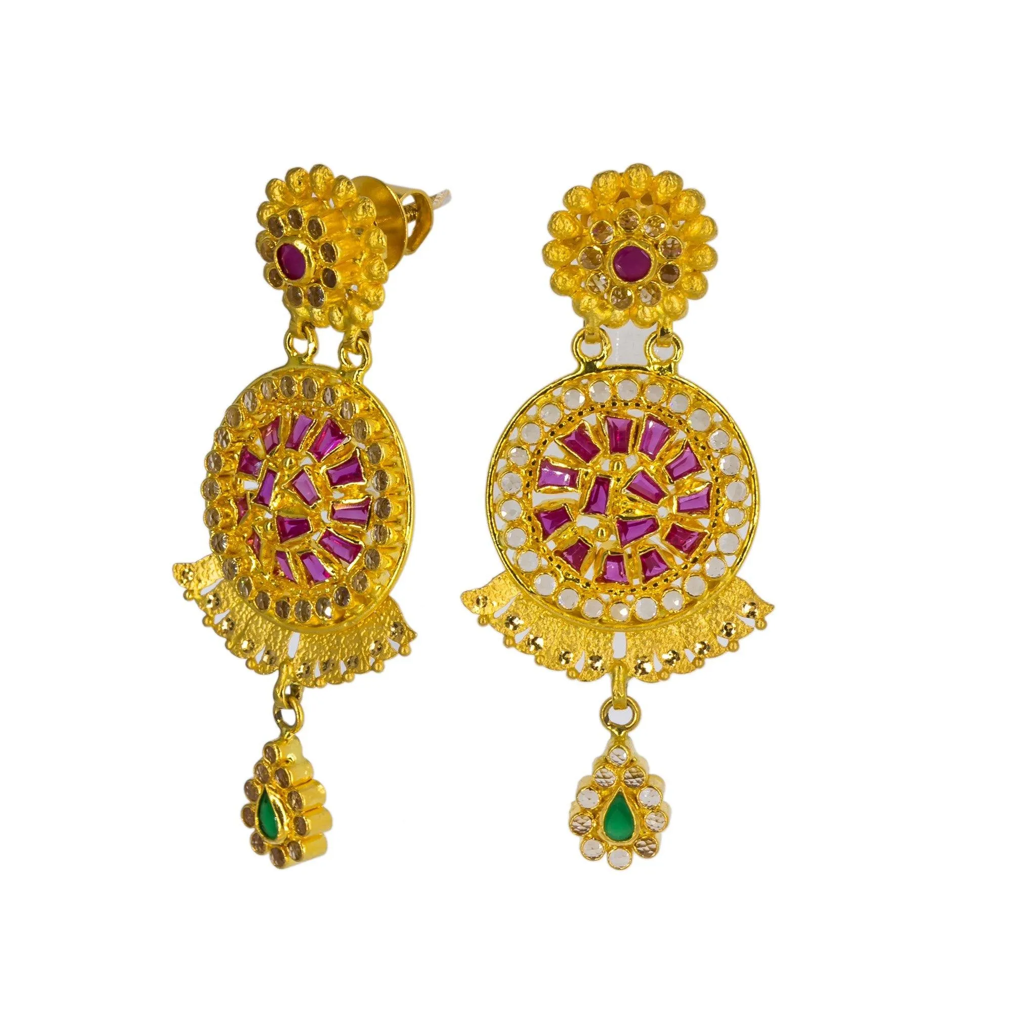 22K Yellow Antique Gold Long Necklace & Earrings Set W/ CZ, Emeralds, Rubies & Large Shield Pendant