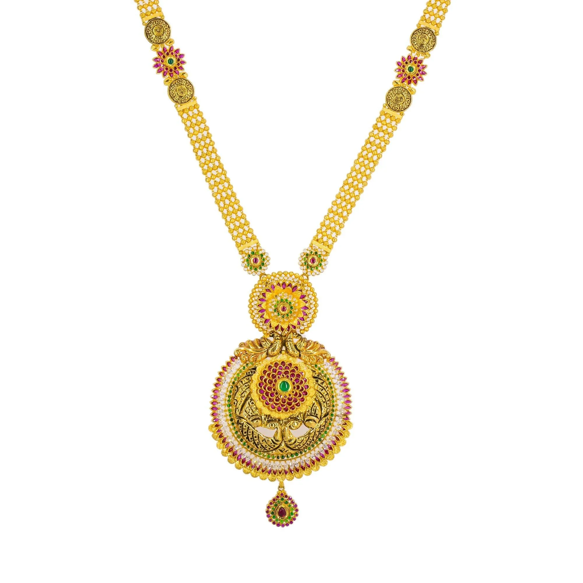 22K Yellow Antique Gold Long Necklace & Earrings Set W/ CZ, Emeralds, Rubies & Large Shield Pendant