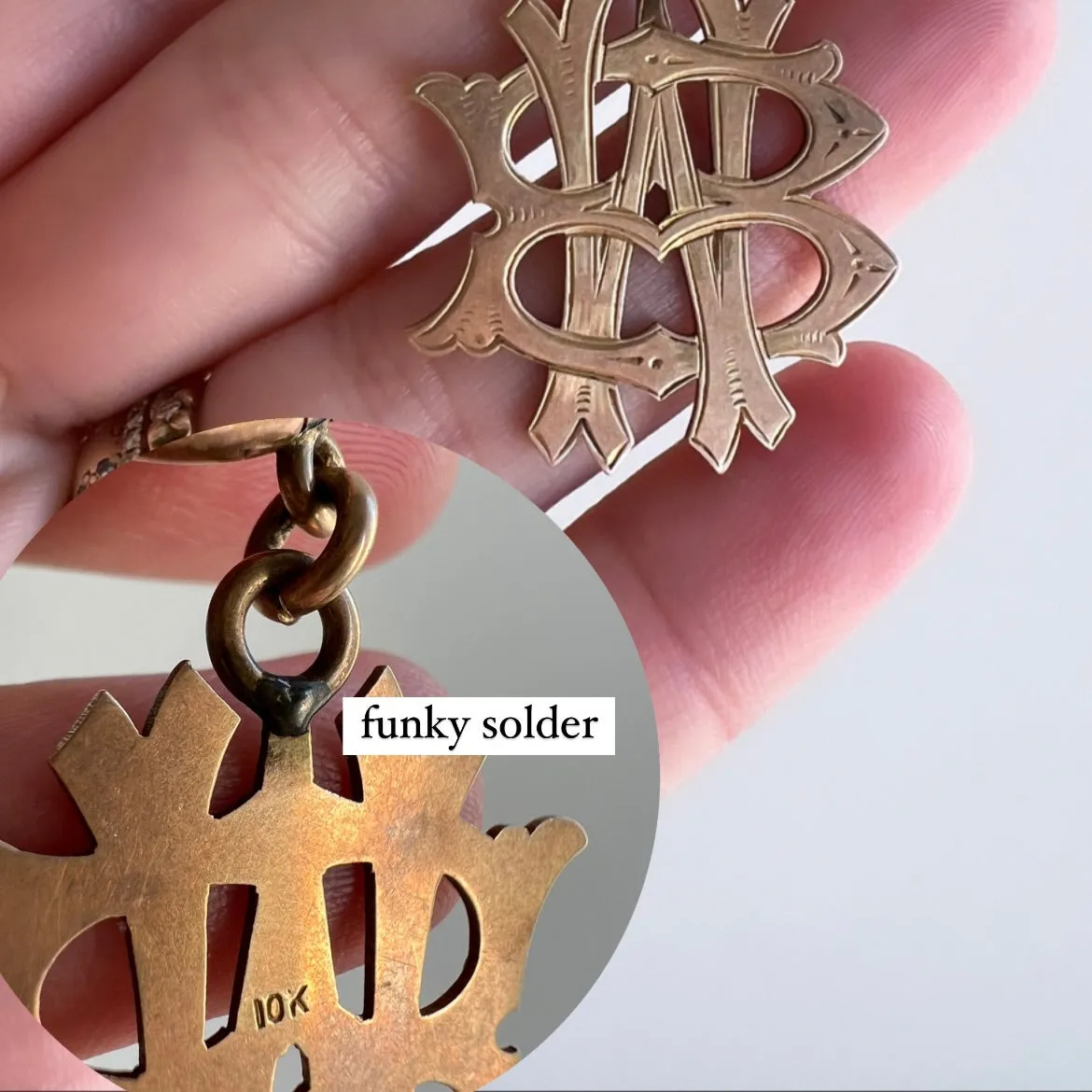 A N T I Q U E // BW or WB / rosy 10k gold initial pendant / measures 25mm wide