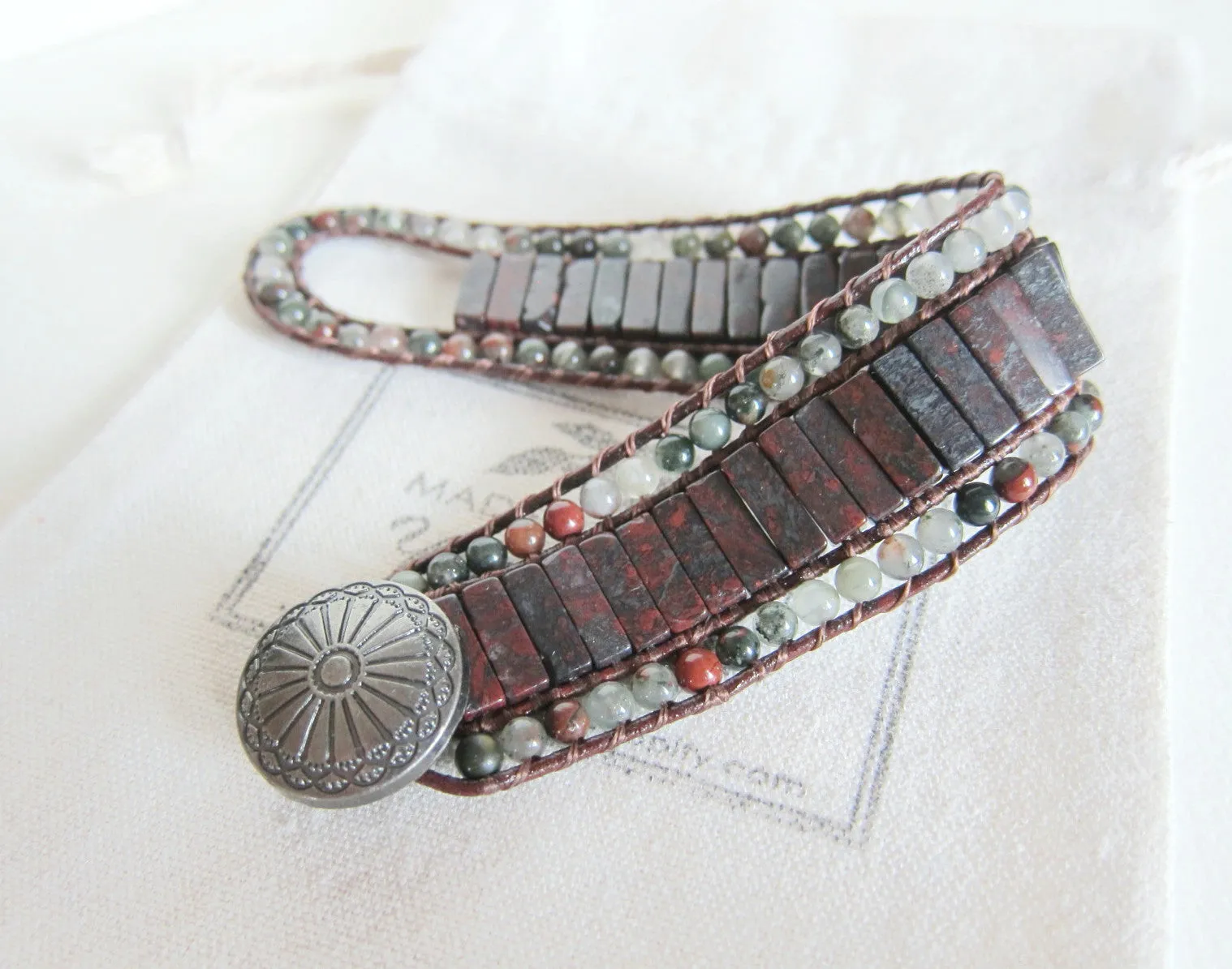 African Bloodstone Jasper 3X Row Cuff Wrap Bracelet