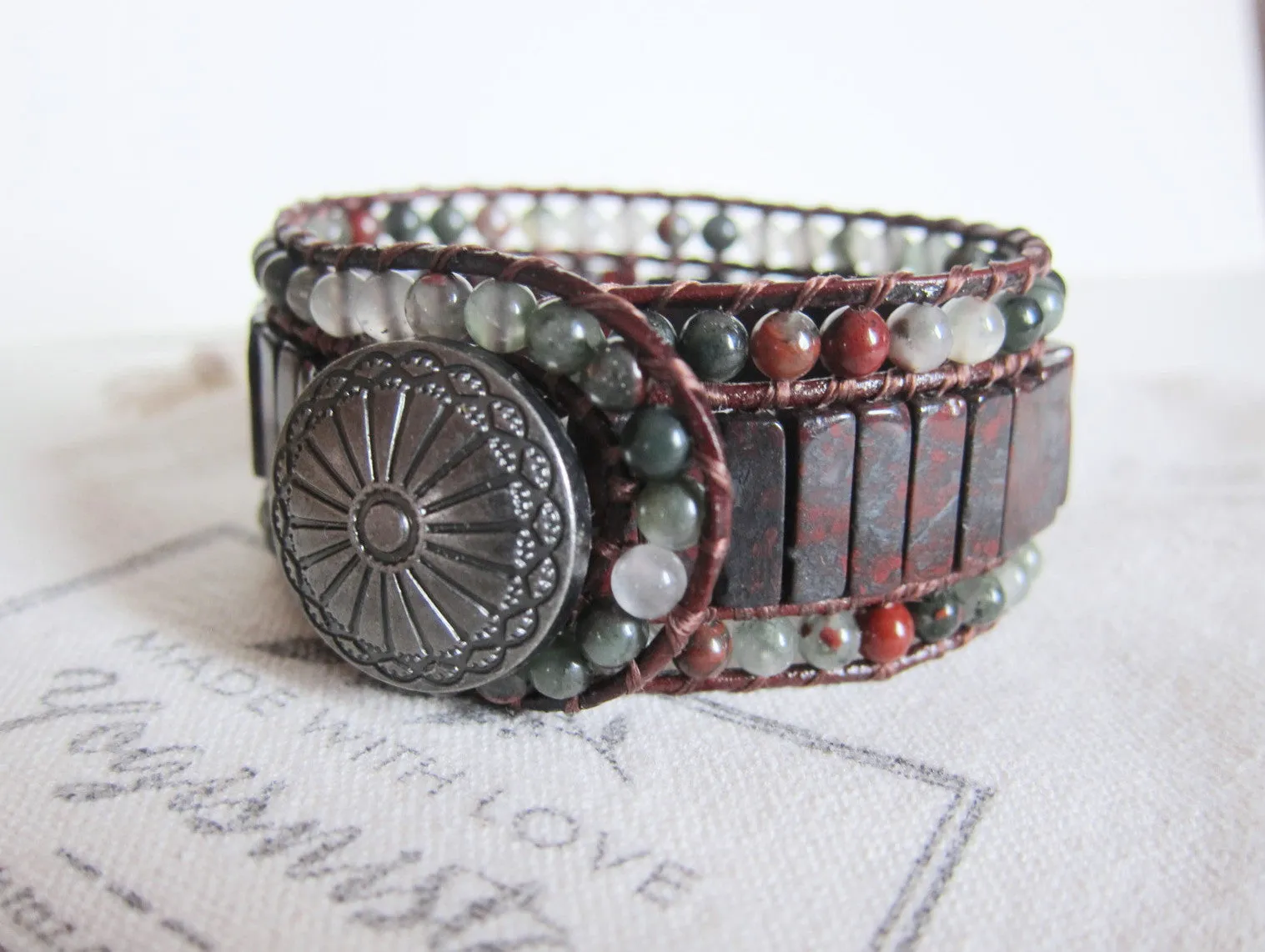 African Bloodstone Jasper 3X Row Cuff Wrap Bracelet