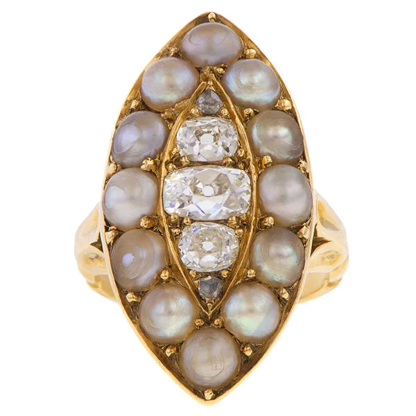 Antique Diamond & Pearl Navette Ring