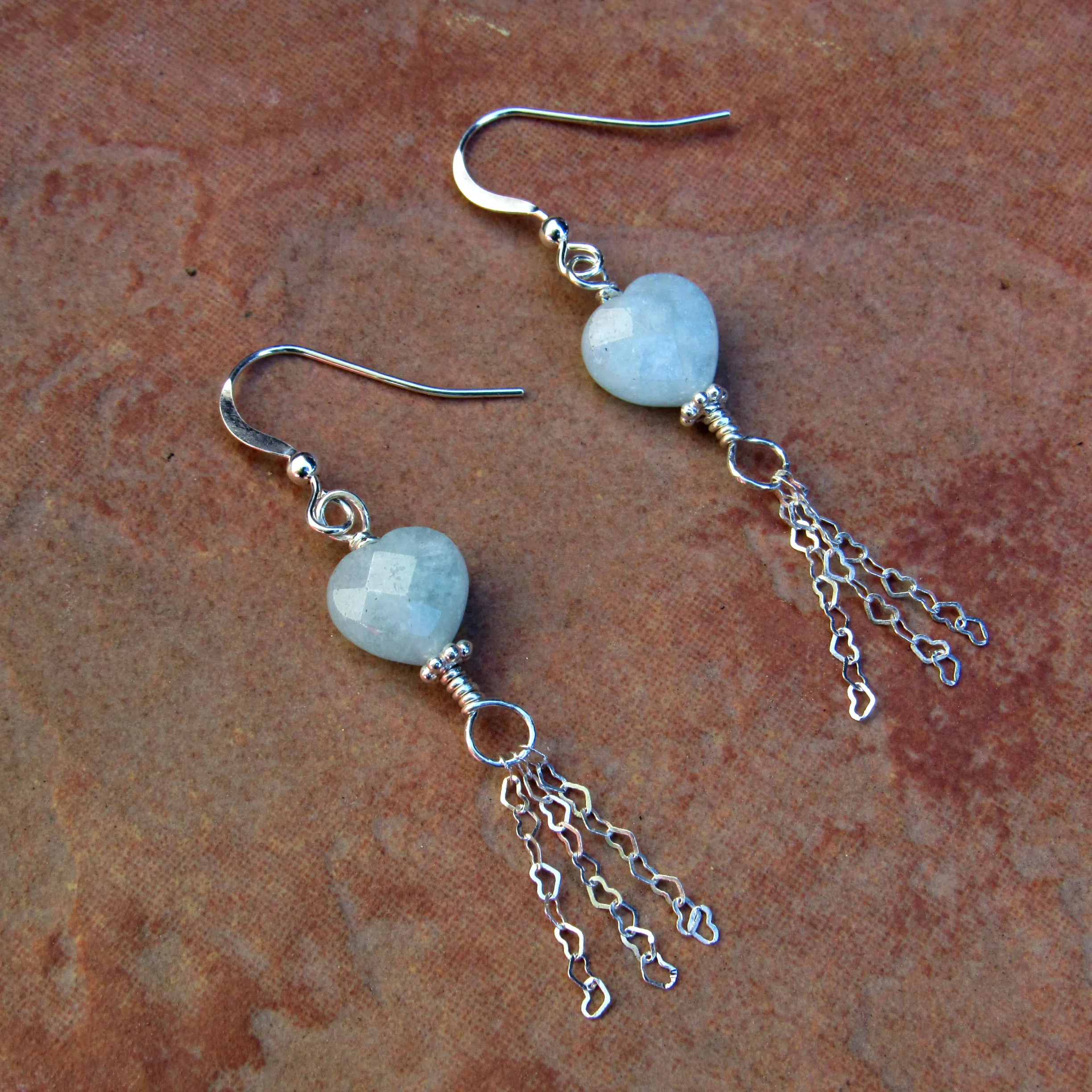 Aquamarine Gemstone Hearts and Sterling Silver Heart Chain Drop Earrings