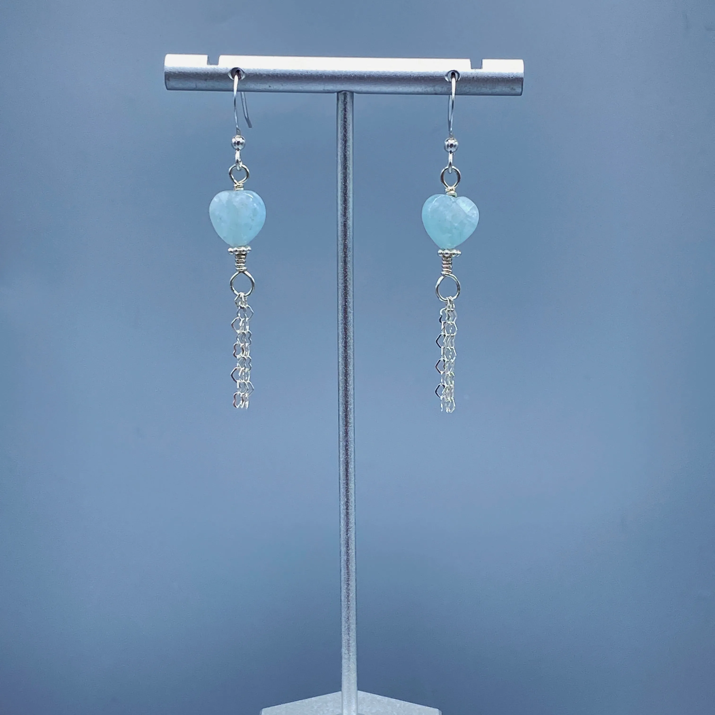 Aquamarine Gemstone Hearts and Sterling Silver Heart Chain Drop Earrings