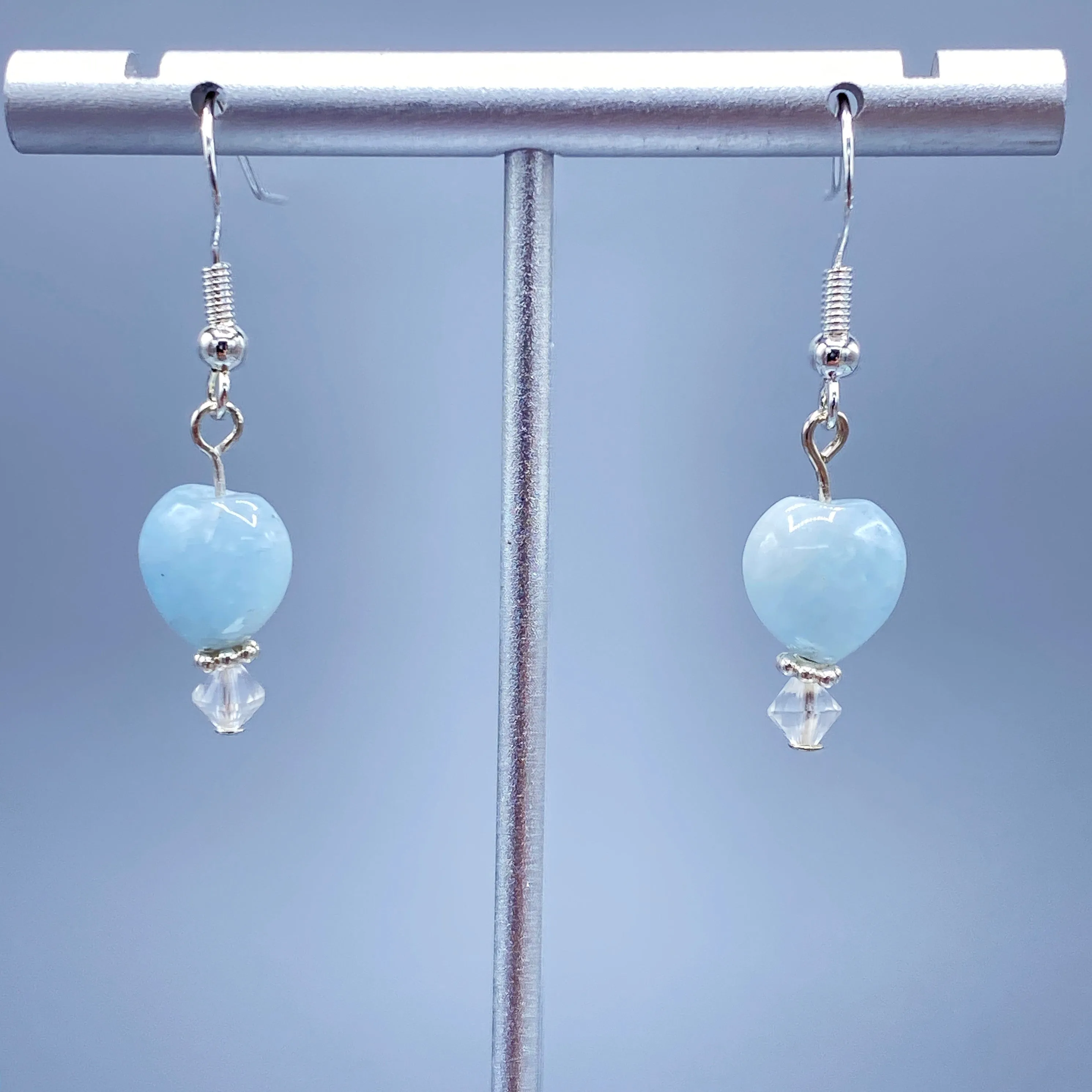 Aquamarine Hearts, Clear Quartz gemstone, and Sterling Silver Drop Earrings