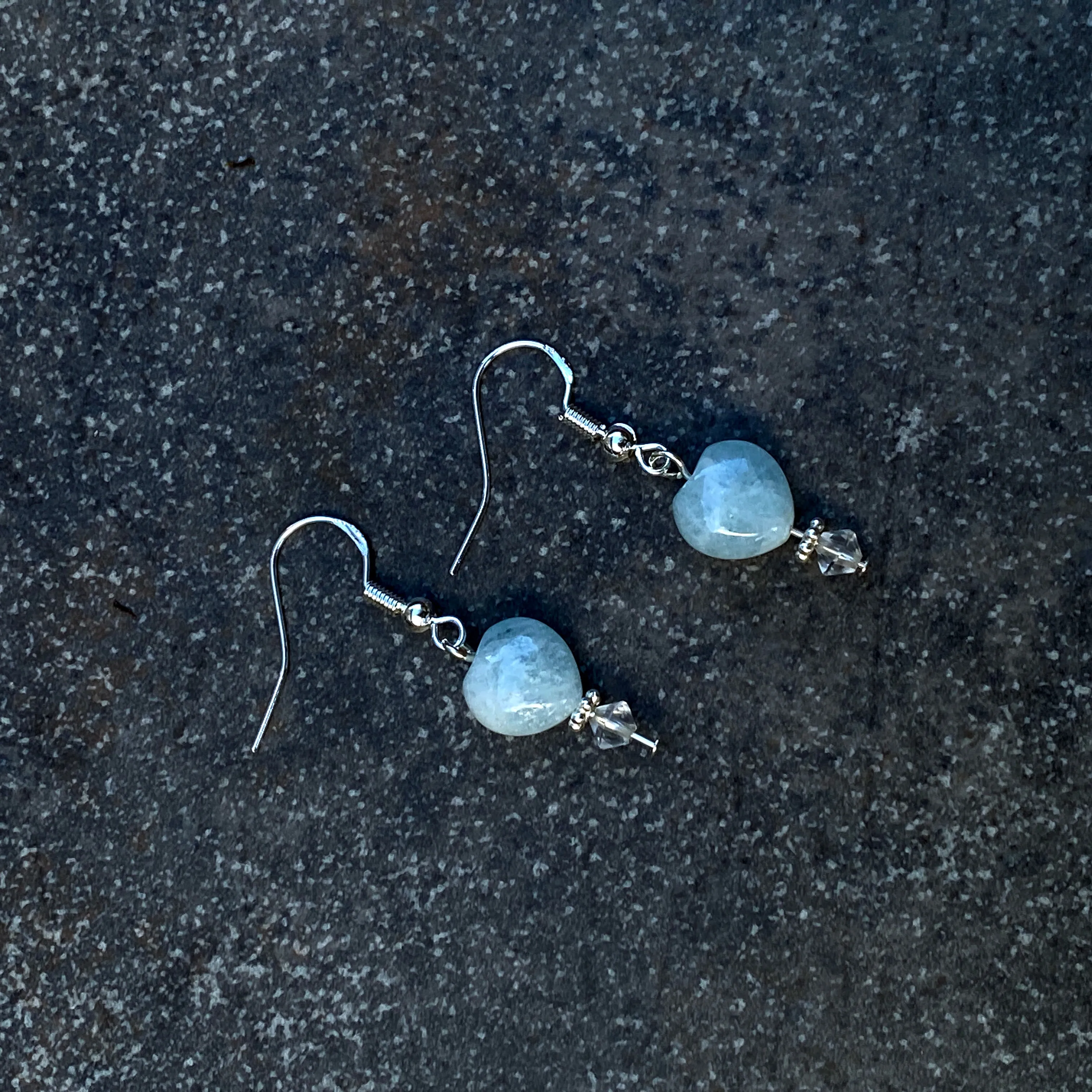 Aquamarine Hearts, Clear Quartz gemstone, and Sterling Silver Drop Earrings