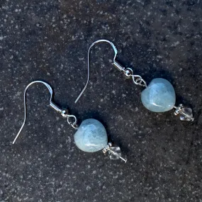 Aquamarine Hearts, Clear Quartz gemstone, and Sterling Silver Drop Earrings