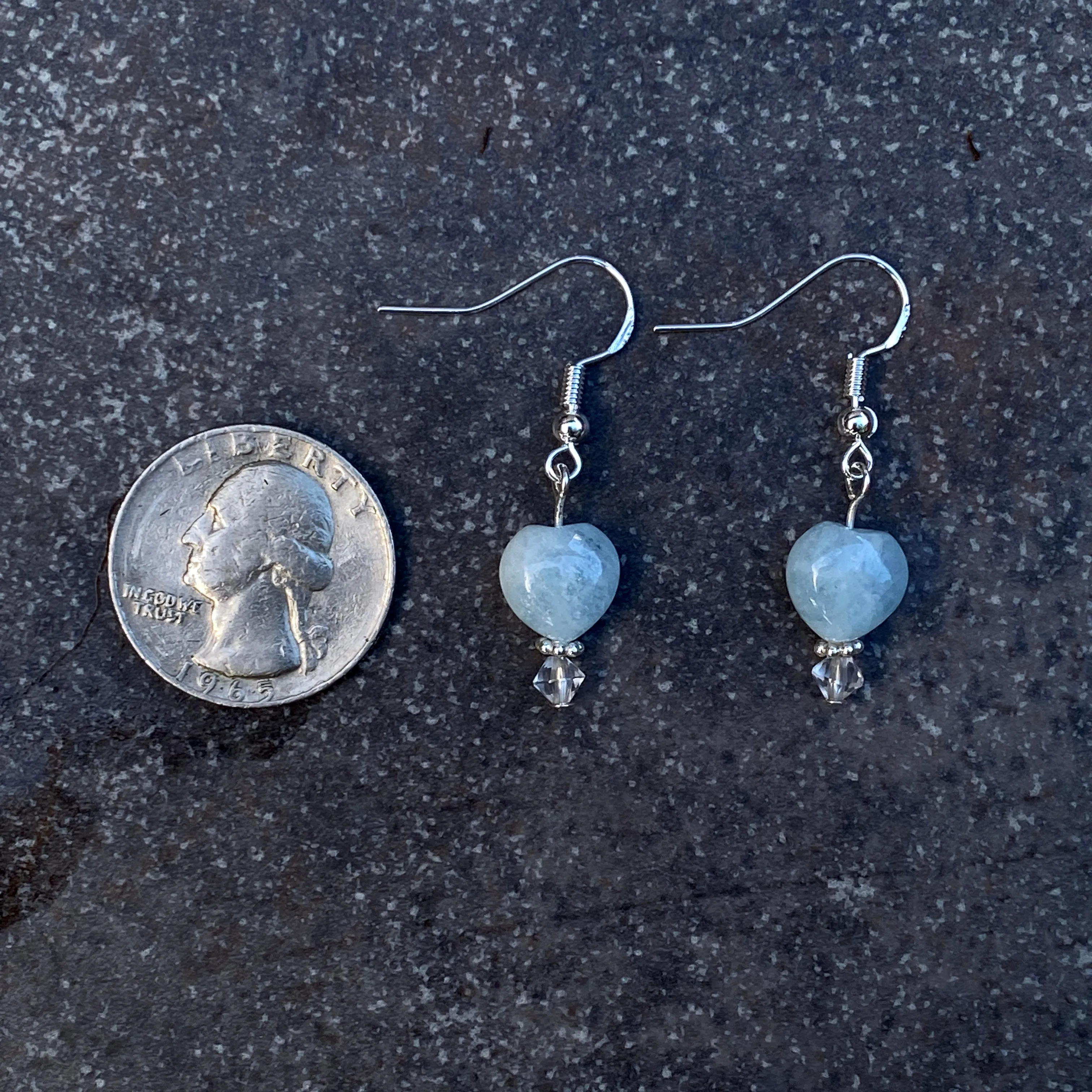 Aquamarine Hearts, Clear Quartz gemstone, and Sterling Silver Drop Earrings