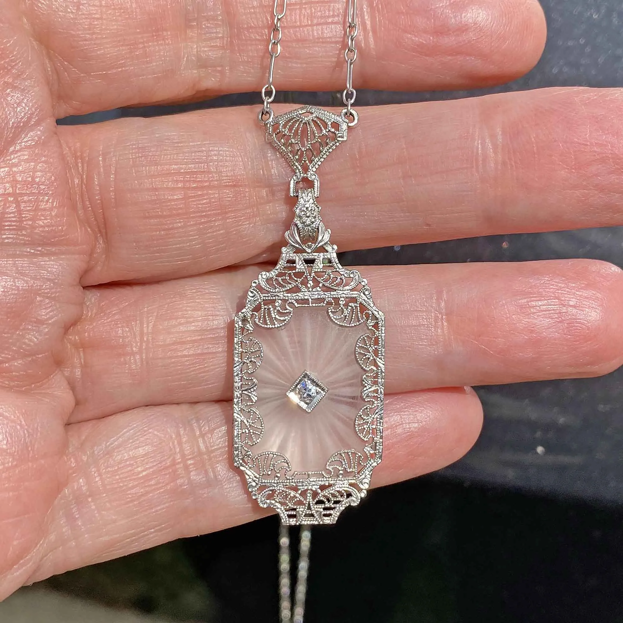 Art Deco Diamond Rock Crystal Necklace in Platinum