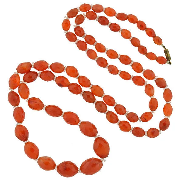 Art Deco Faceted Carnelian & Rock Quartz Crystal Necklace 46"