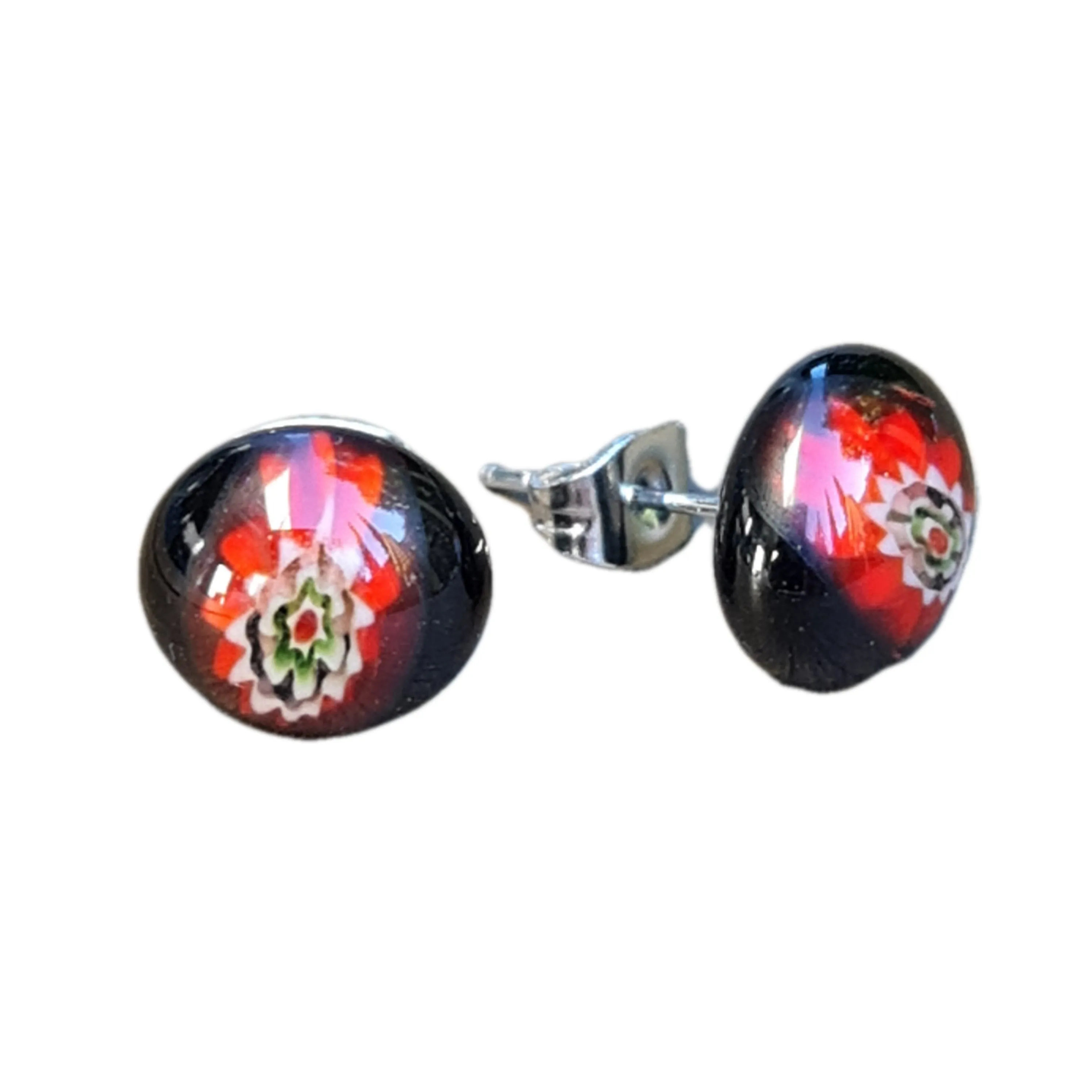 Artisan Glass stud earrings Millifiori red and black