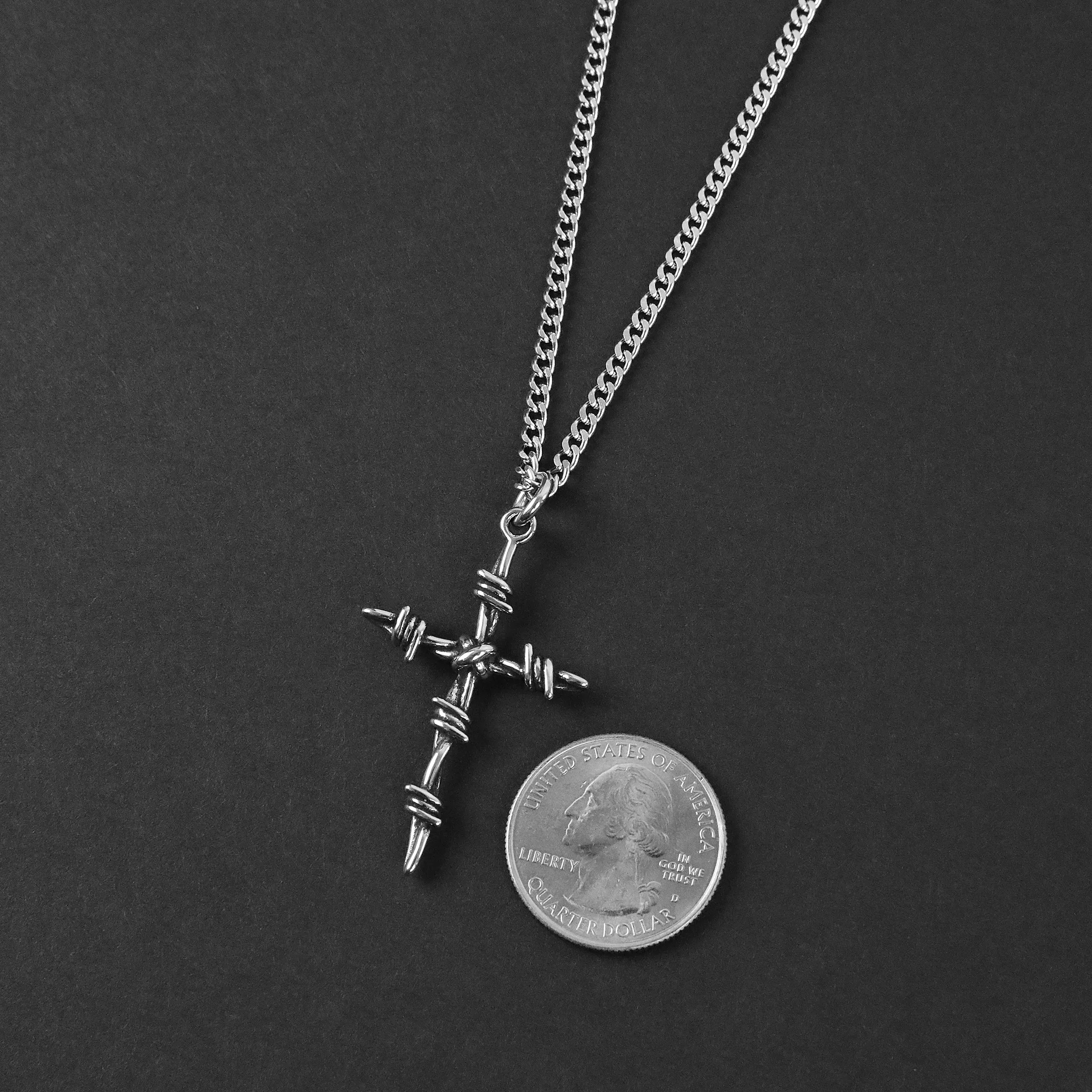 Barbed Wire Cross Necklace - Silver