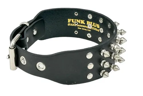 Black Leather Collar w/ 3 Rows of Short Silver Spikes