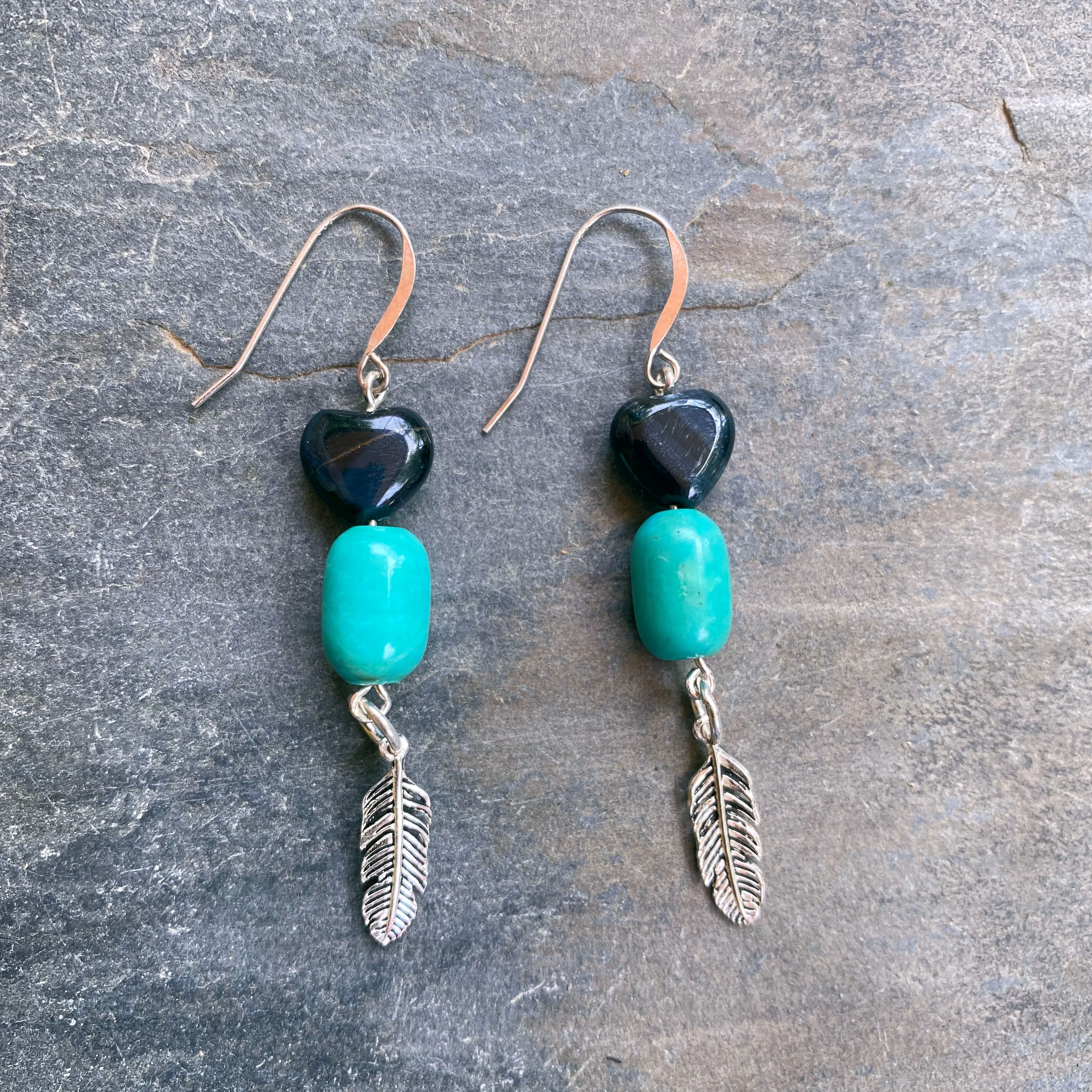 Blue TigerEye Heart and Turquoise Gemstone with Silver Feather drop Earrings