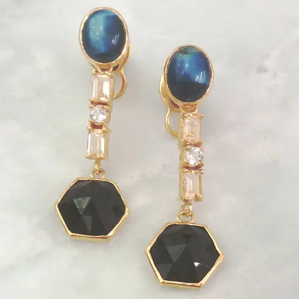 Blue Tigers Eye Stud with Citrine, White Zircon & Black Agate Twinset Earrings