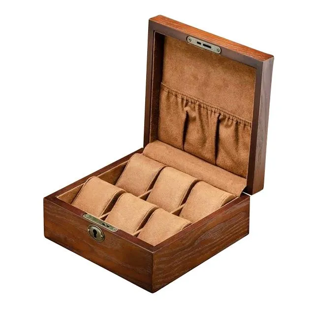 Brown Retro Wooden Watch and Jewelry Storage Box with Key