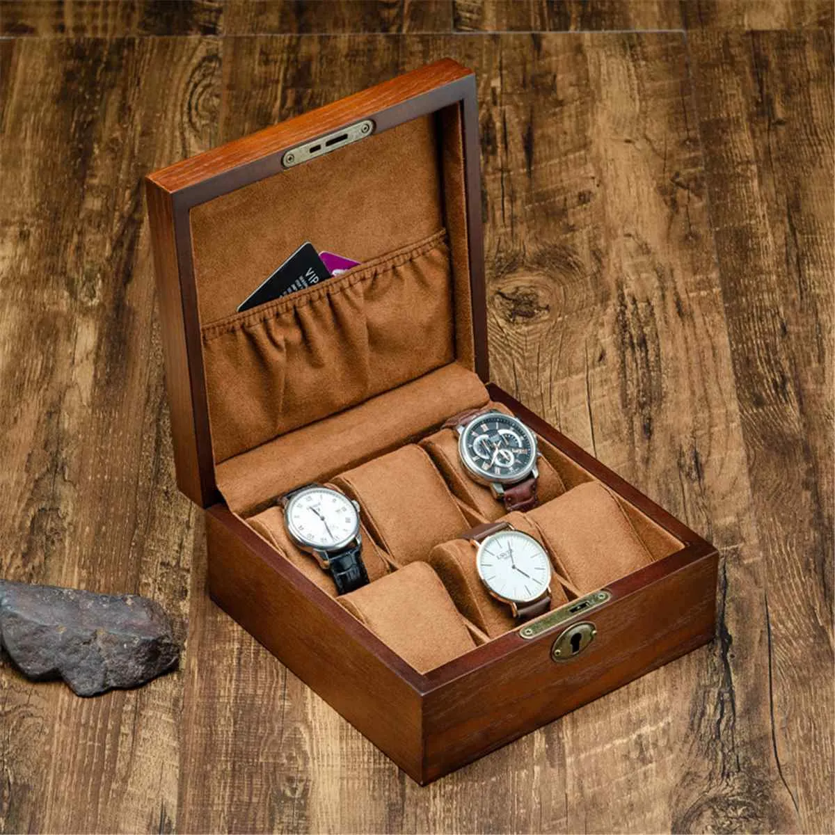 Brown Retro Wooden Watch and Jewelry Storage Box with Key