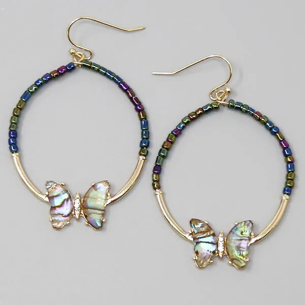 Butterfly Charm Seed Beaded Hoop Drop Earrings