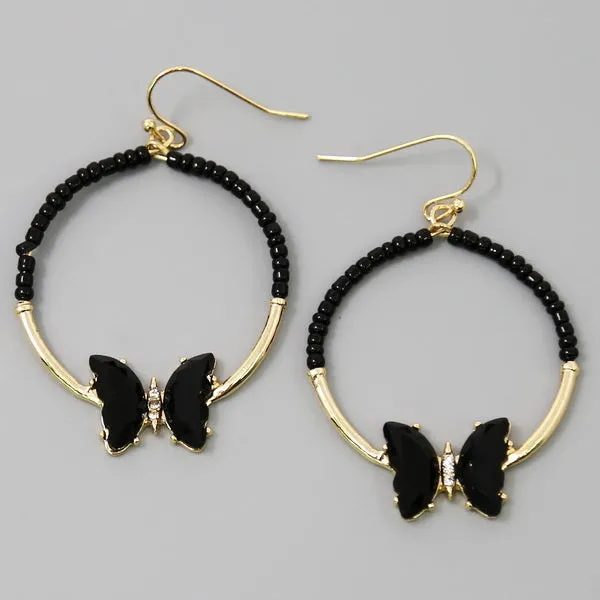 Butterfly Charm Seed Beaded Hoop Drop Earrings