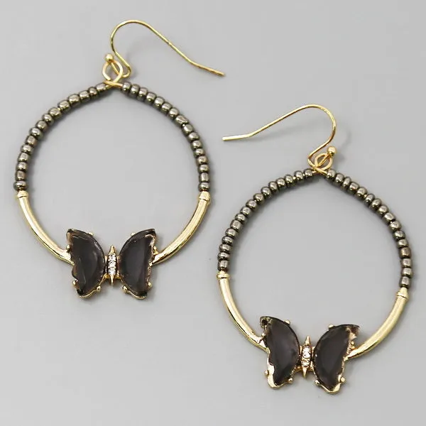 Butterfly Charm Seed Beaded Hoop Drop Earrings