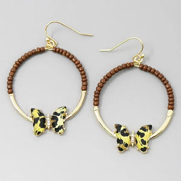 Butterfly Charm Seed Beaded Hoop Drop Earrings