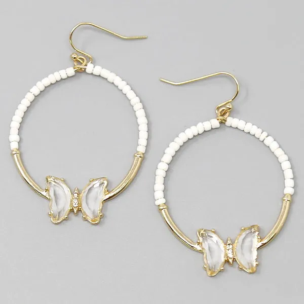 Butterfly Charm Seed Beaded Hoop Drop Earrings