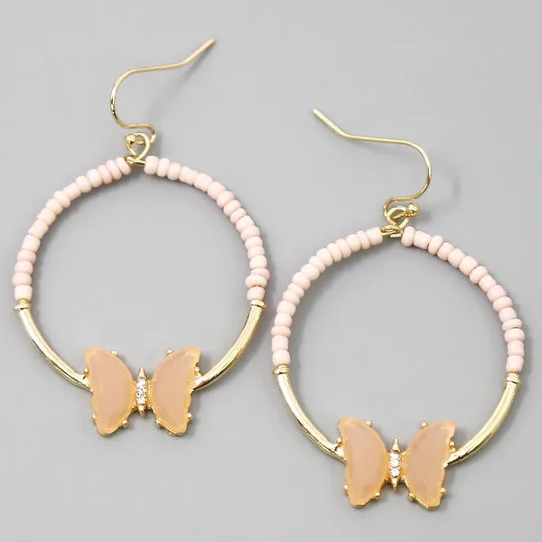 Butterfly Charm Seed Beaded Hoop Drop Earrings