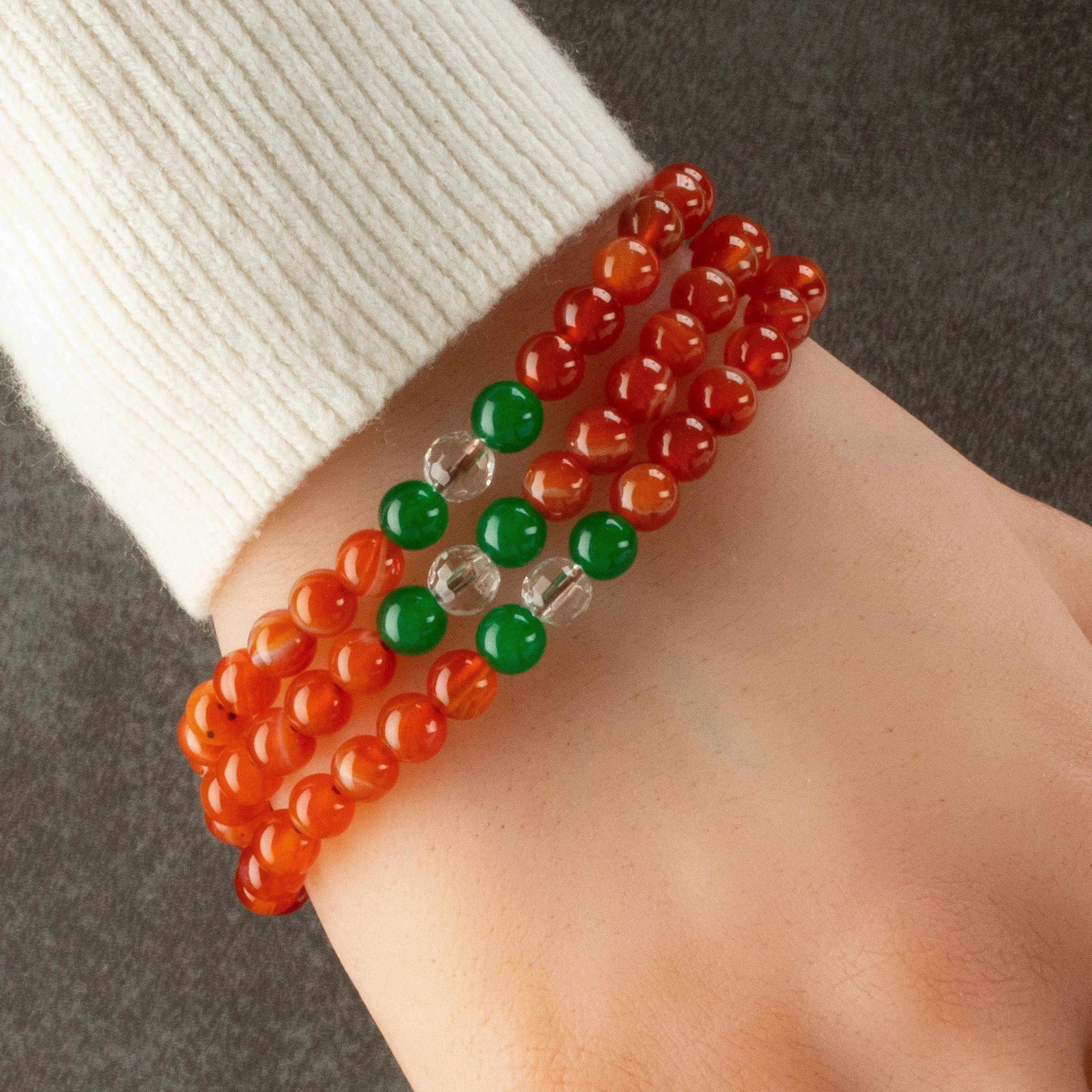 Carnelian 6mm Beads with Aventurine & Quartz Accent Beads Triple Wrap Gemstone Elastic Bracelet