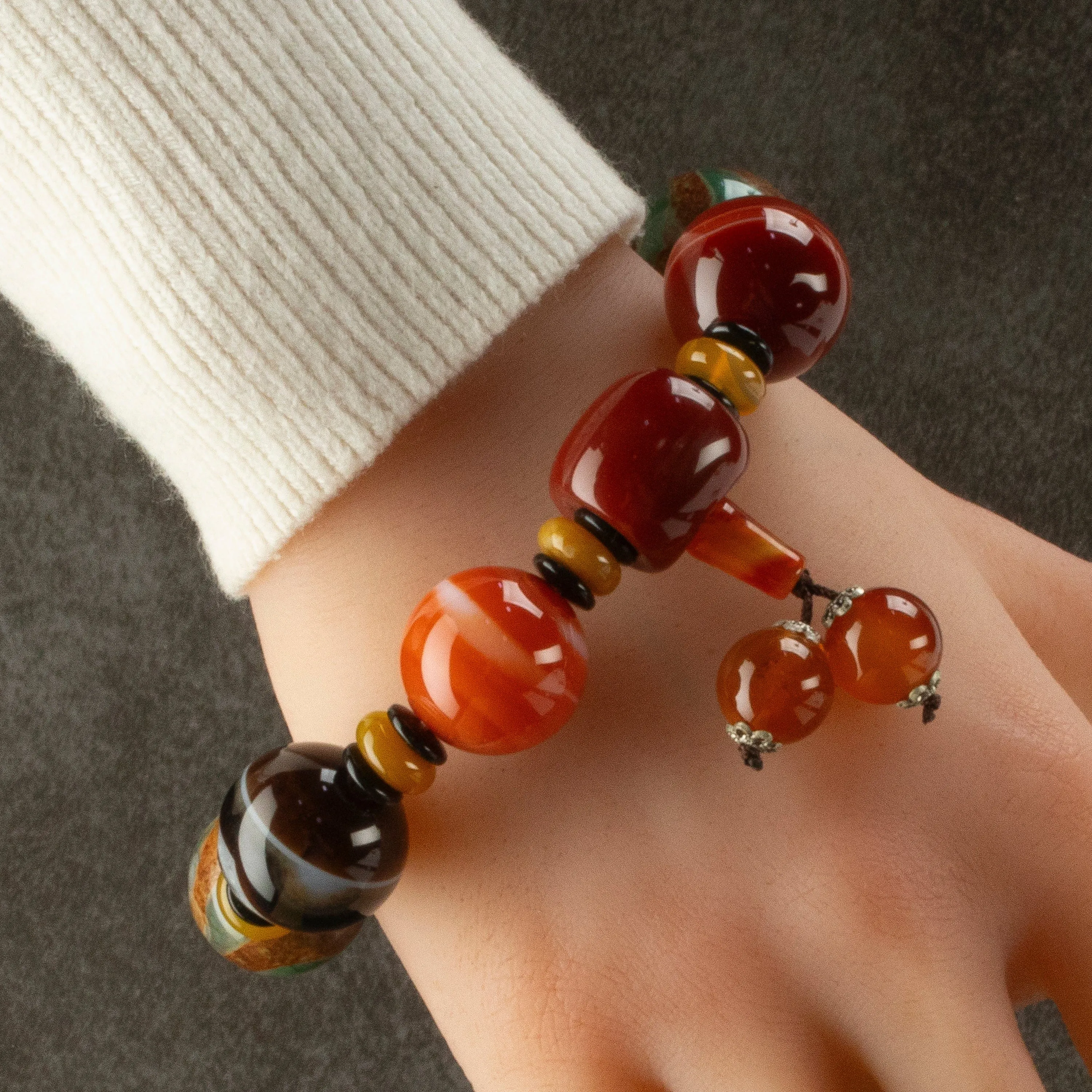 Carnelian & Agate 20mm Bead Gemstone Elastic Bracelet with Tassel