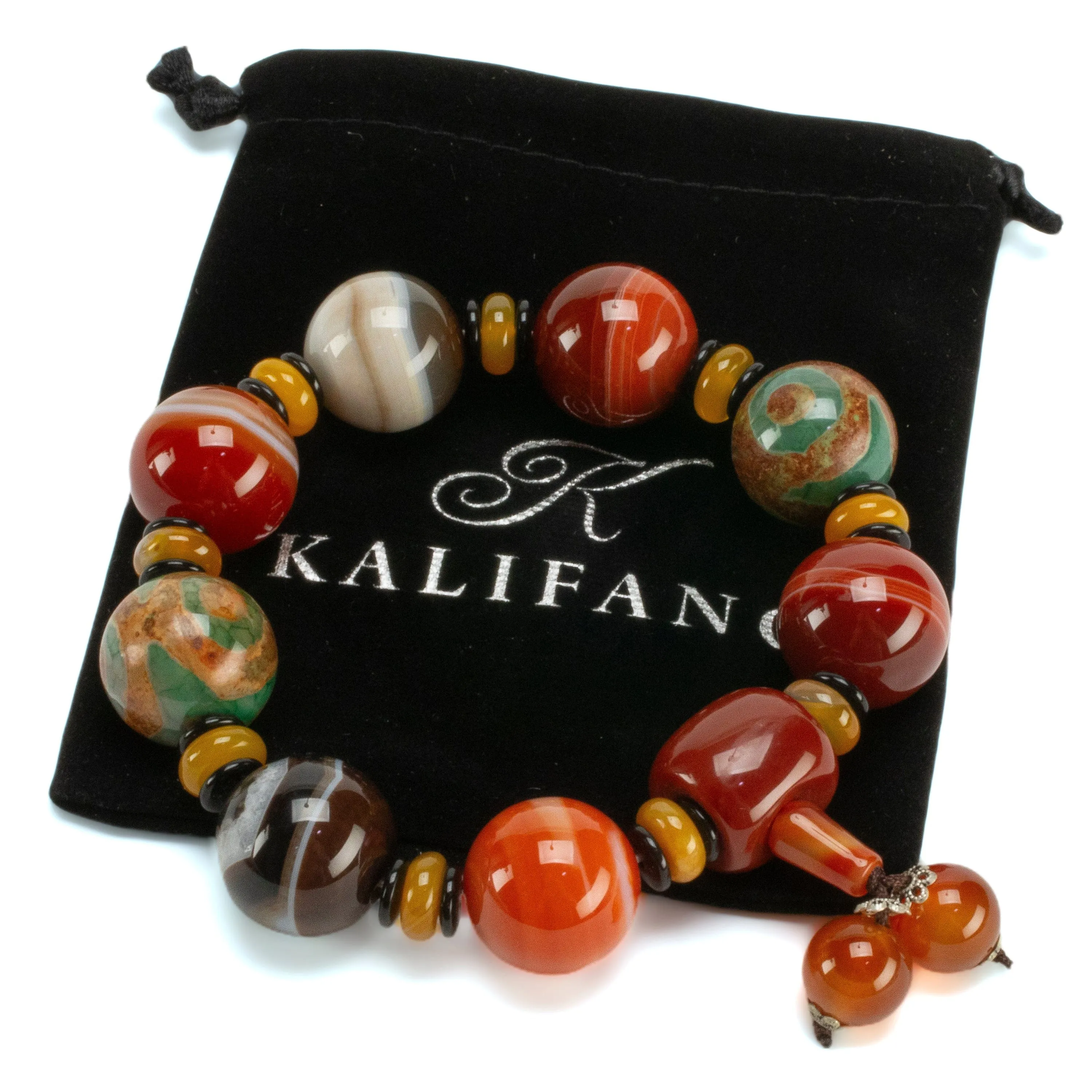 Carnelian & Agate 20mm Bead Gemstone Elastic Bracelet with Tassel