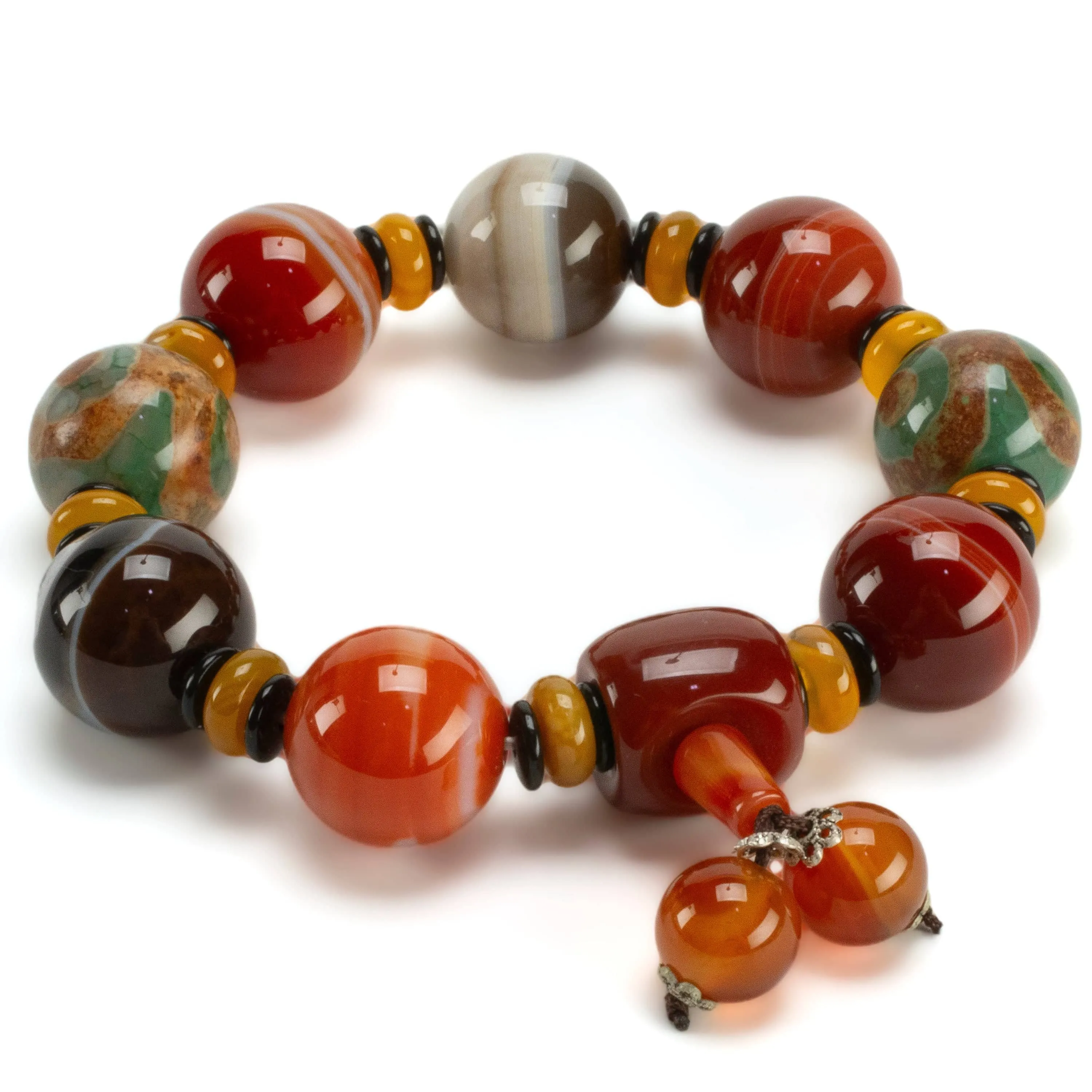 Carnelian & Agate 20mm Bead Gemstone Elastic Bracelet with Tassel