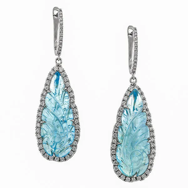 Carved Aquamarine & Diamond Earrings