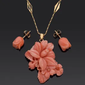 Carved Salmon Coral 14K Gold Earrings & GF Pendant   UnoAErre 18K Chain Necklace