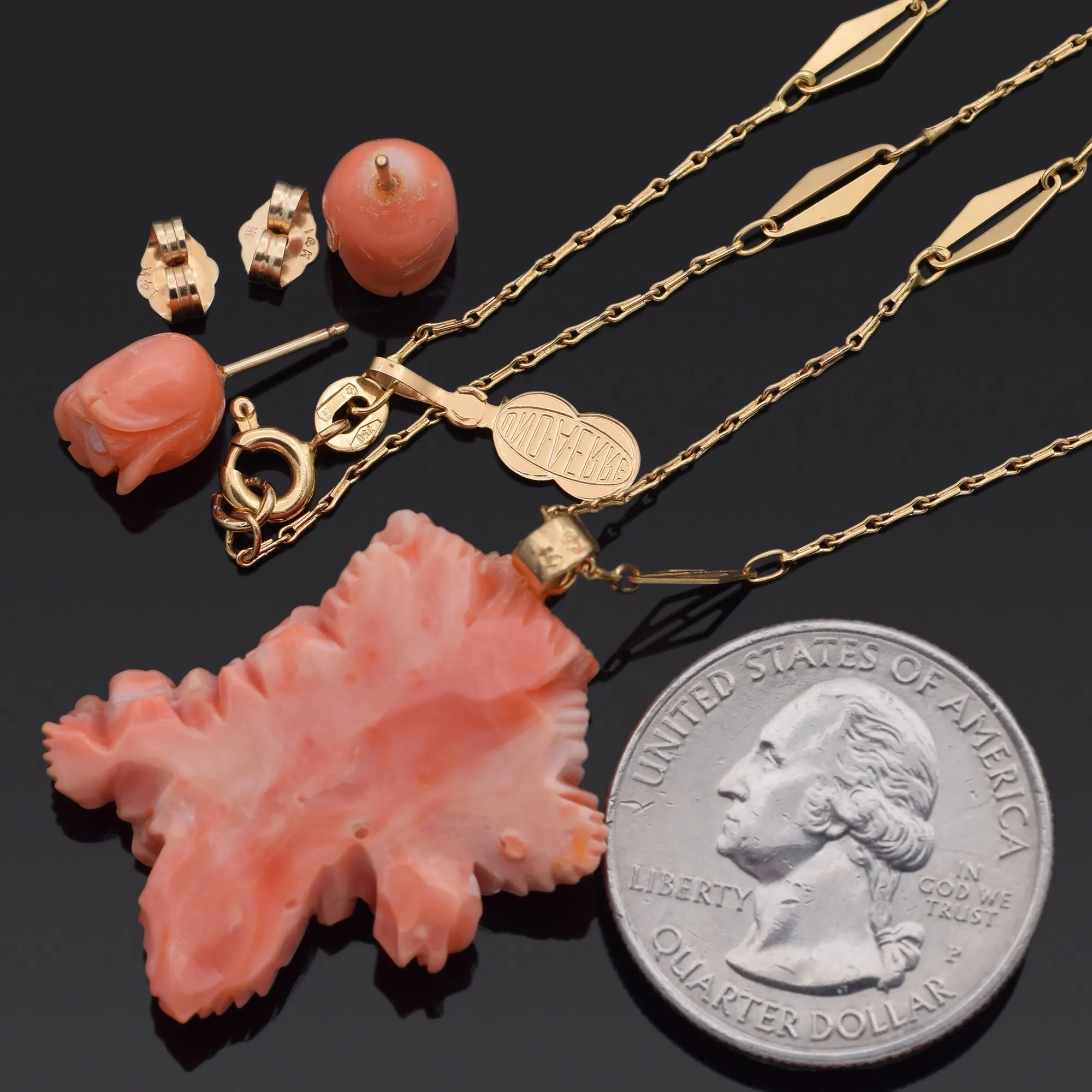 Carved Salmon Coral 14K Gold Earrings & GF Pendant   UnoAErre 18K Chain Necklace