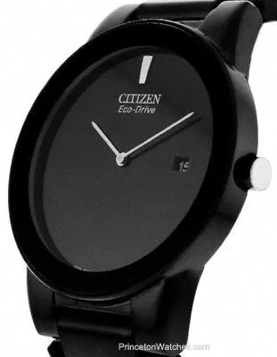 Citizen Eco-Drive Axiom Mens Watch - Black Dial & Case, Date Display, Leather Strap