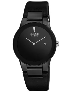 Citizen Eco-Drive Axiom Mens Watch - Black Dial & Case, Date Display, Leather Strap