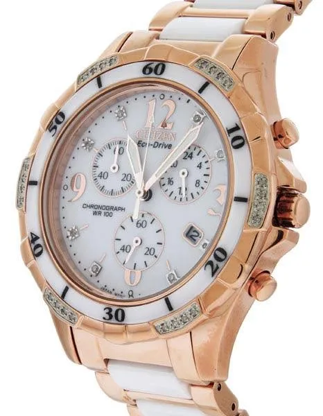 Citizen Ladies Eco-Drive Ceramic & Rose Tone Chronograph - 32 Diamonds - Date