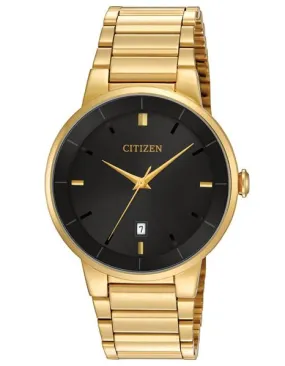 Citizen Quartz Mens Watch - Black Dial - Gold Tone Steel Case & Bracelet - Date